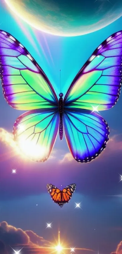 Vibrant butterfly soaring through a cosmic sky for a stunning phone wallpaper background.