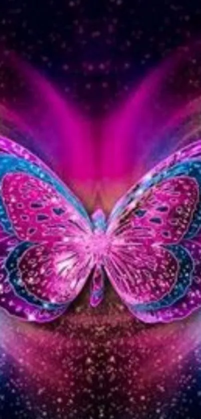 Pink and blue butterfly in a cosmic galaxy design wallpaper.