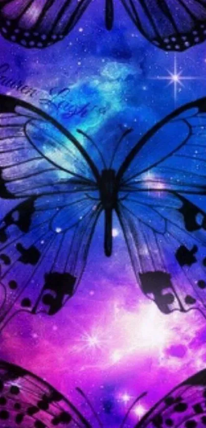 Vibrant butterflies on a galaxy background.