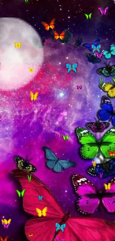 Colorful butterflies in a purple galaxy with moon and stars.
