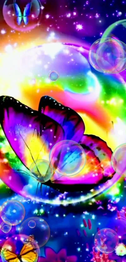 Vibrant butterfly with bubbles in a colorful galaxy design.