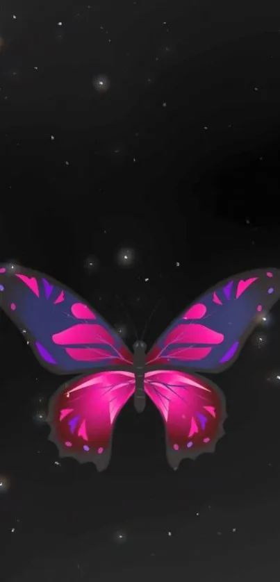 Vibrant pink and purple butterfly on galaxy background.