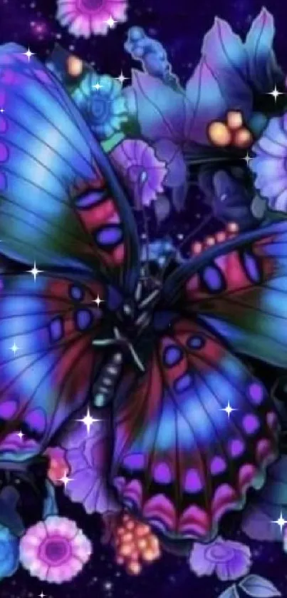 Vibrant butterfly and floral galaxy design wallpaper.