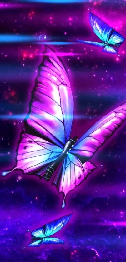 Vibrant purple butterfly soaring in a galaxy-themed mobile wallpaper.