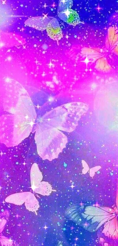 A vibrant wallpaper with colorful butterflies and stars in a purple galaxy setting.