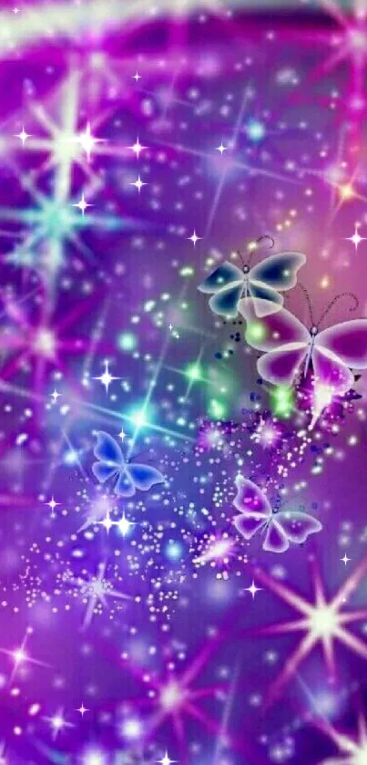 Vibrant purple wallpaper with butterflies and stars.