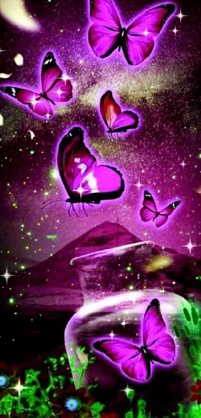 Luminous purple butterflies in a mystical galaxy setting, mobile wallpaper.