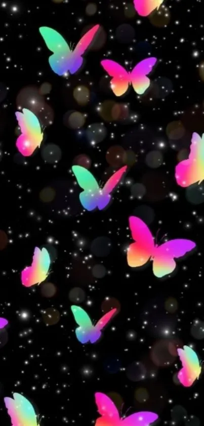 Colorful butterflies in dark galaxy wallpaper.