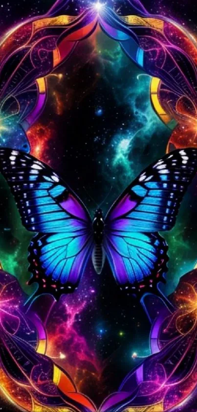 Vibrant blue butterfly on a colorful cosmic galaxy background.