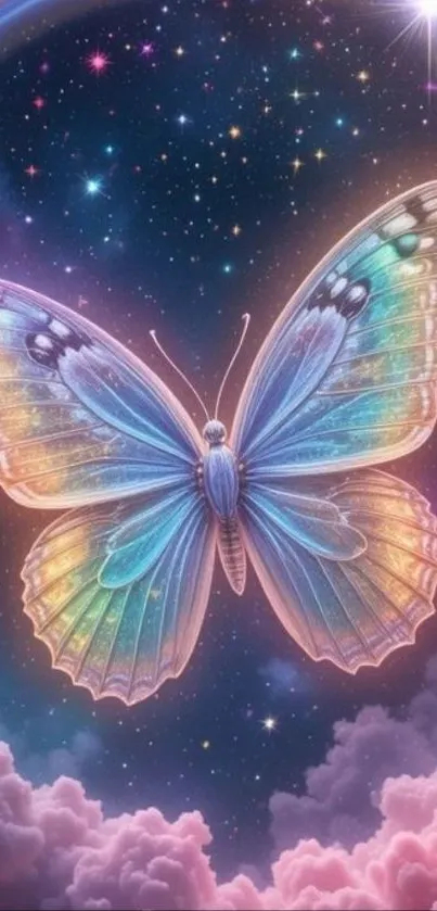 Colorful butterfly against a starry galaxy background.