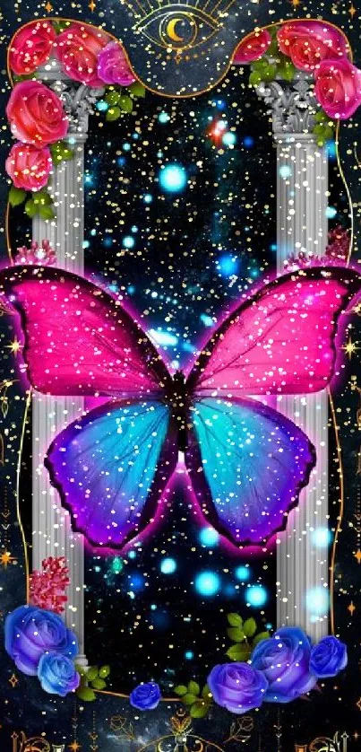 Vibrant pink and blue butterfly with galaxy and floral design wallpaper.