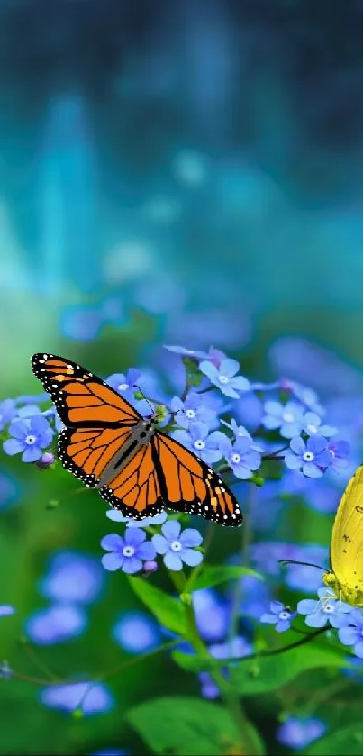 Orange and yellow butterflies in a vibrant purple flower garden.