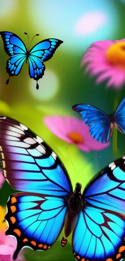 Vibrant blue butterflies and pink flowers create a lively mobile wallpaper.