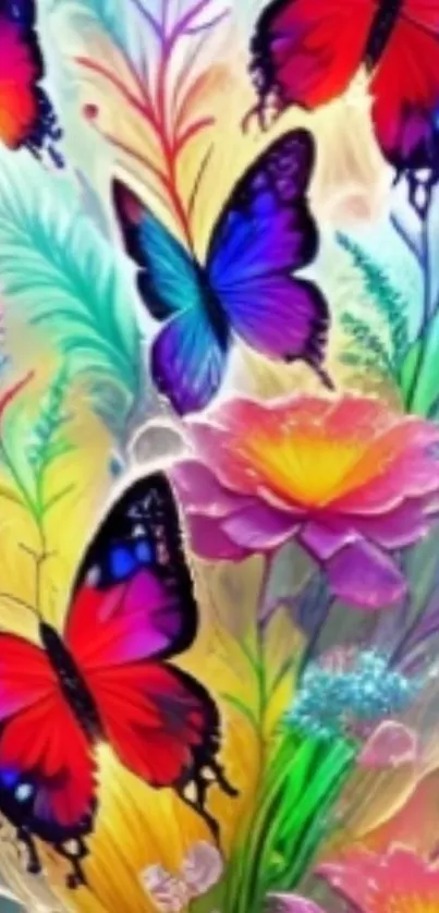 Colorful butterflies and flowers on a vibrant wallpaper.