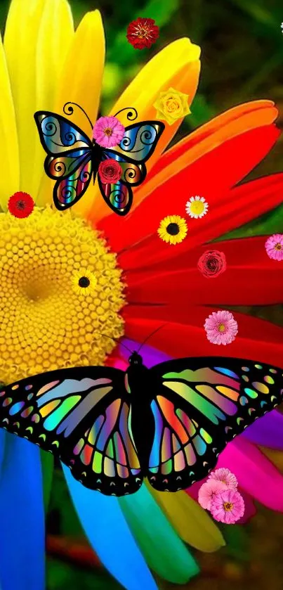 Colorful daisy with butterflies on vibrant petals.