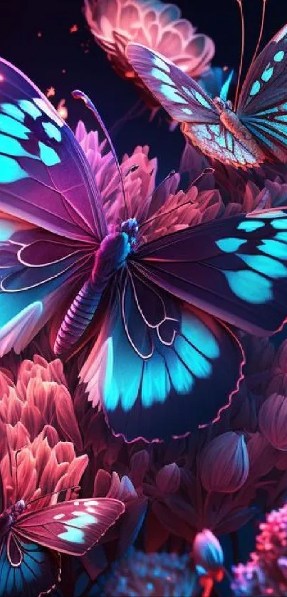 Vibrant purple and blue butterflies on a floral background.