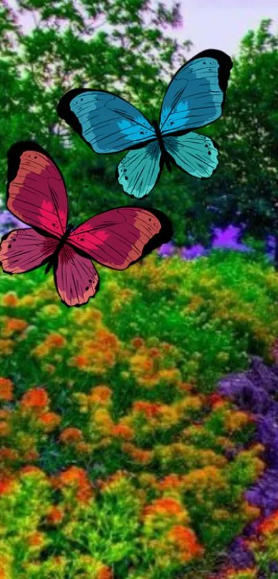 Colorful butterflies in a vibrant garden landscape, perfect for mobile wallpaper.