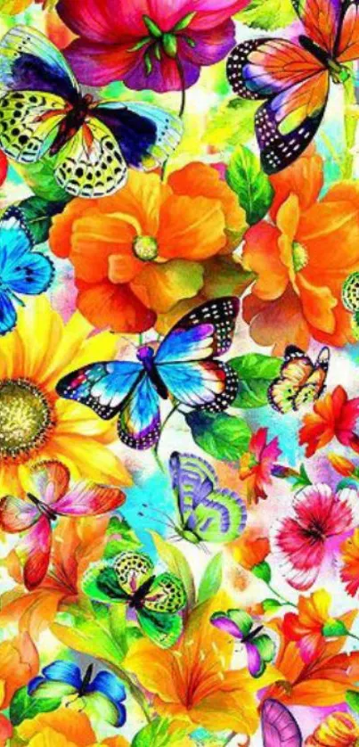 Colorful butterflies and flowers design wallpaper.