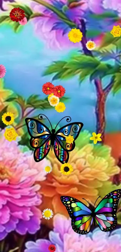 Colorful butterfly garden wallpaper with vibrant flowers.