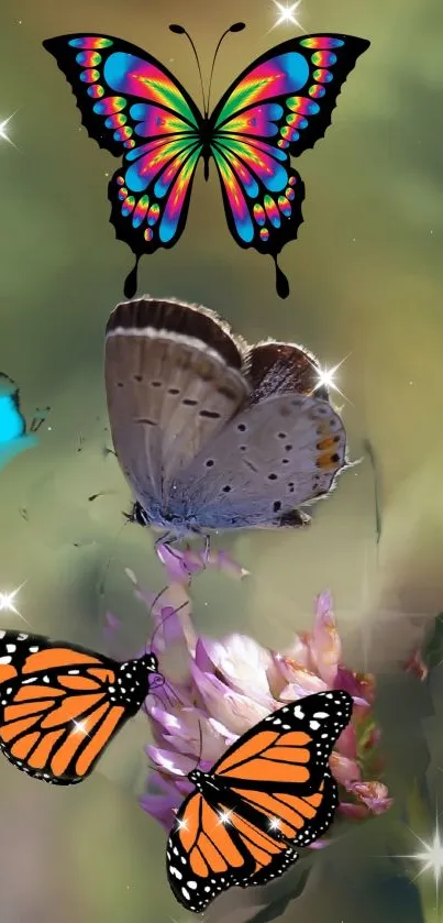 Colorful butterflies on a flower in a lush garden setting.