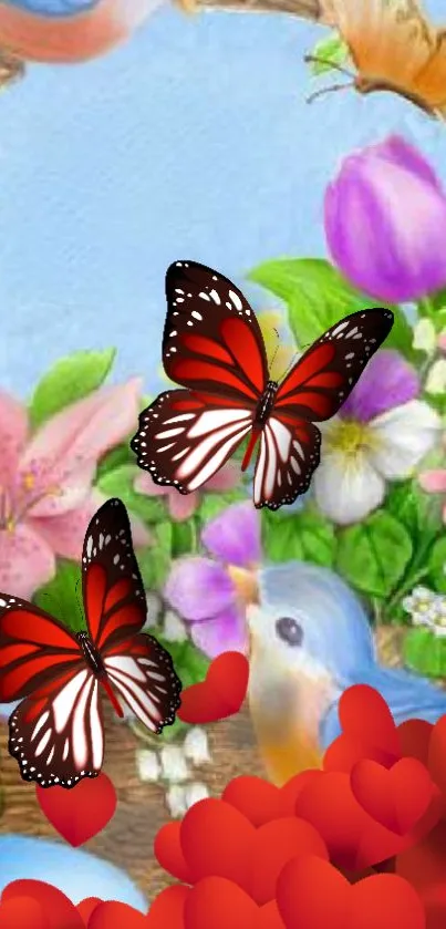 Vibrant garden wallpaper with butterflies and flowers.