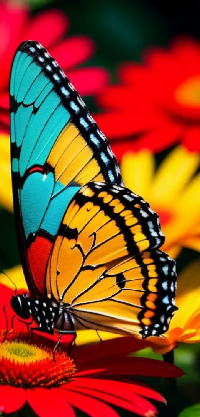 Colorful butterfly on red flower wallpaper.