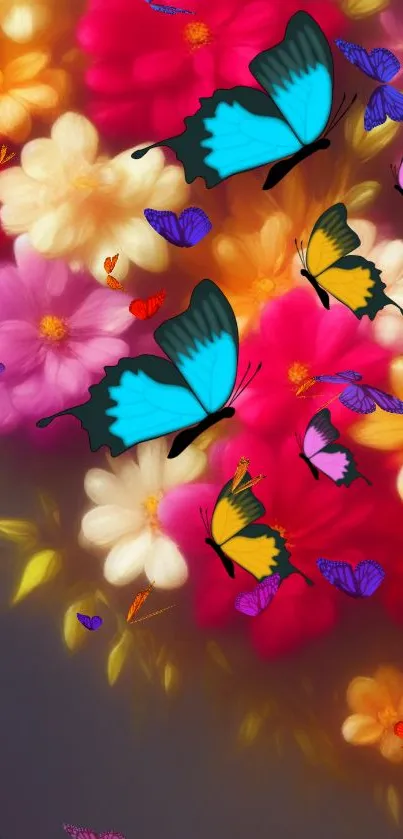 Vibrant wallpaper with butterflies and colorful flowers.