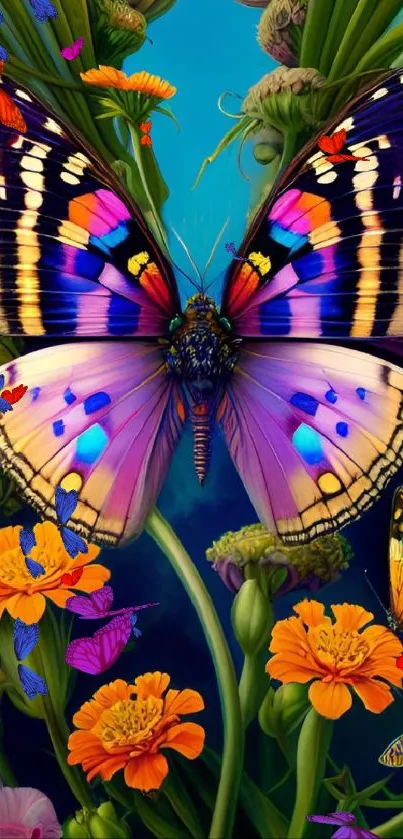 Colorful butterfly in a vibrant garden with flowers.