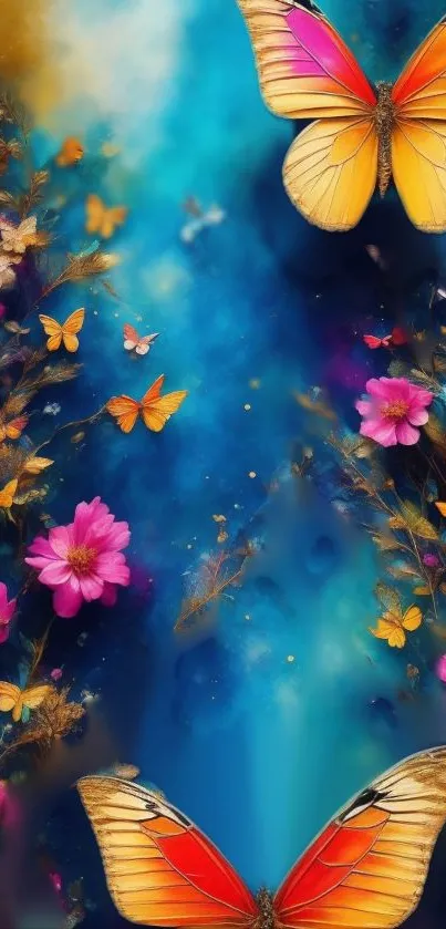 Colorful butterfly and flower mobile wallpaper with vibrant blue background.