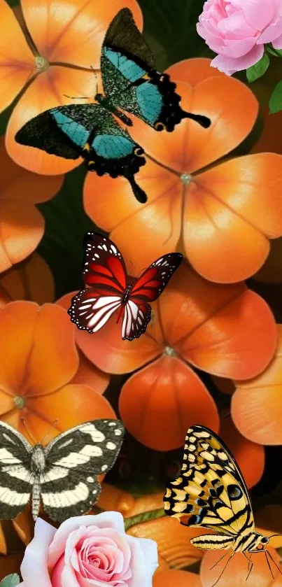 Vibrant wallpaper with butterflies, orange blooms, and pink roses.