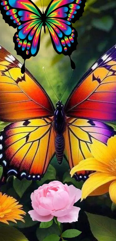 Vibrant butterflies amidst colorful flowers in a serene garden.