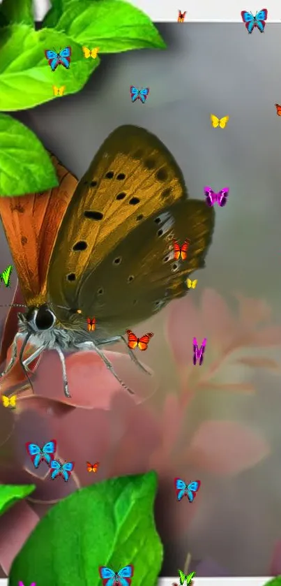 Vibrant butterfly on foliage with colorful flowers.