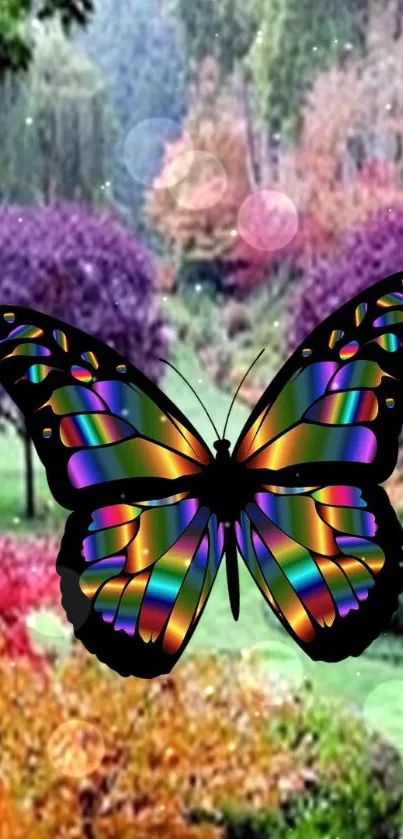 Rainbow butterfly in a vibrant autumn garden scene.