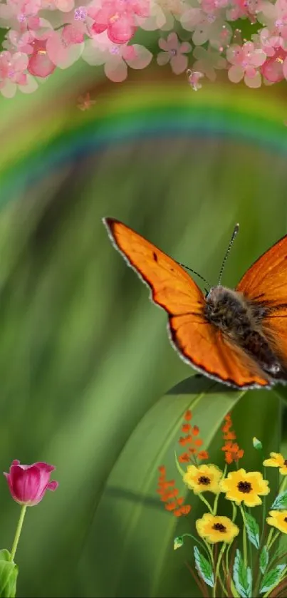 Orange butterfly with flowers and rainbow in a green garden wallpaper.