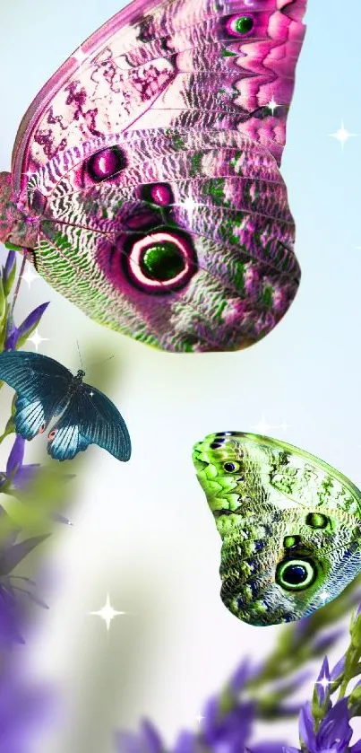 Vibrant butterflies flutter over purple flowers in a serene mobile wallpaper.