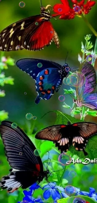 Colorful butterflies amidst garden flowers.