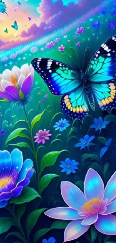 Vibrant butterfly with blooming flowers in a colorful garden scenery.