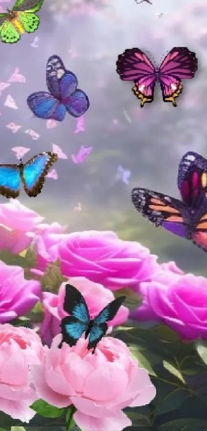 Vibrant phone wallpaper with butterflies and pink flowers.