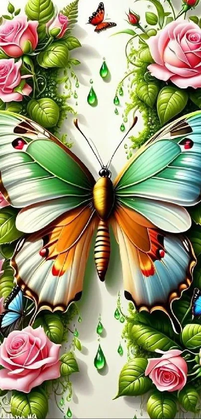 Colorful butterfly amid lush roses wallpaper.