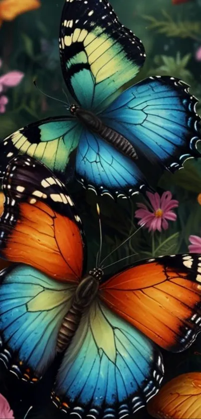 Colorful butterflies and flowers wallpaper.