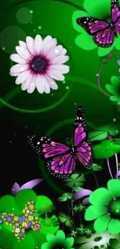 Vibrant mobile wallpaper with butterflies and green flowers.