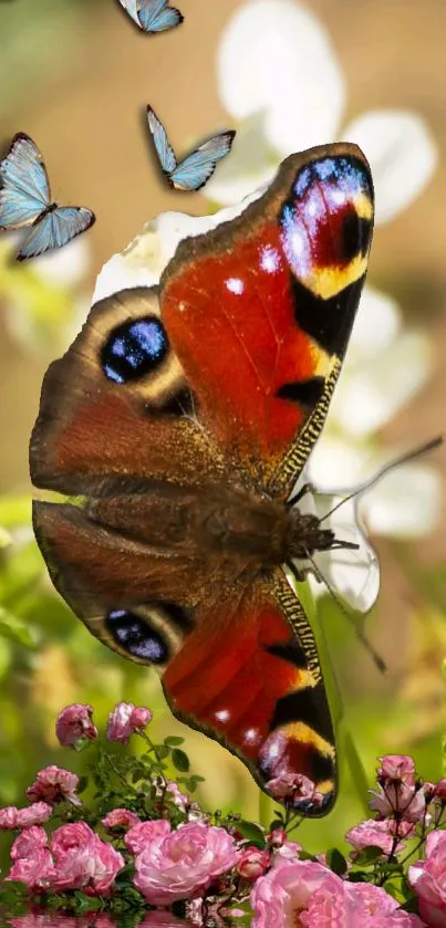 Vibrant butterfly resting on flowers with a blurred garden background.