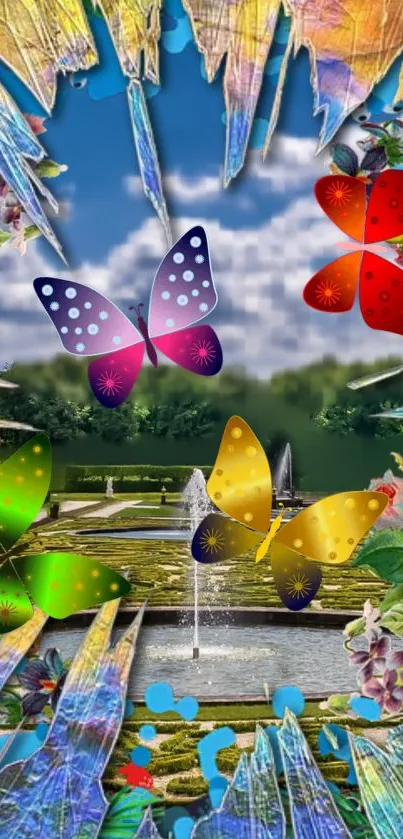 Vibrant mobile wallpaper featuring colorful butterflies and a garden fountain.