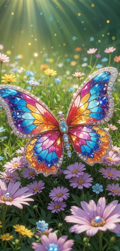 Vibrant butterfly with colorful wings among flowers in a sunlit garden.