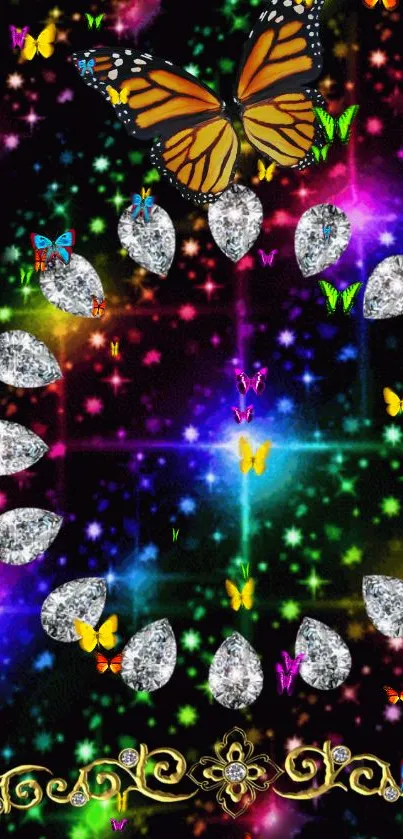 Vibrant wallpaper with butterflies, gems, and a neon starry background.