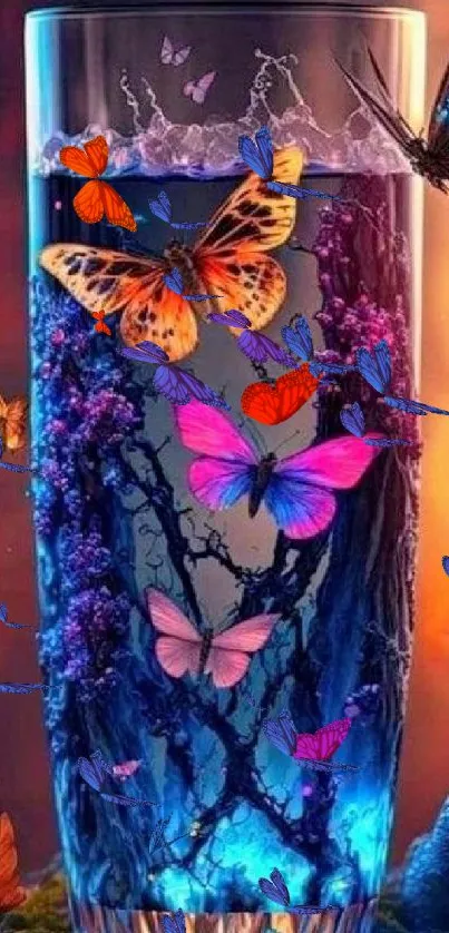 Vibrant mobile wallpaper with butterflies and a mystical glass scene.