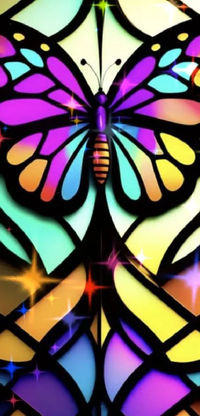 Artistic stained glass butterfly in vibrant colors, perfect for mobile wallpaper.