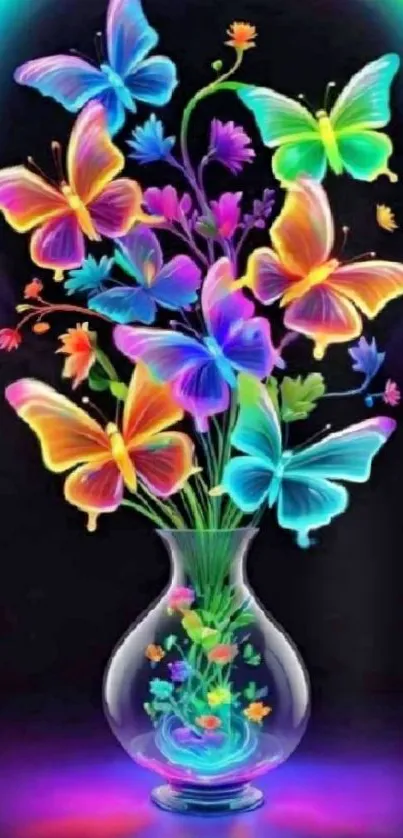 Colorful butterflies in glass vase wallpaper.