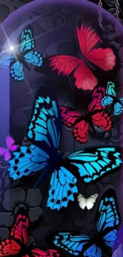 Vibrant butterflies in a glass dome with a dark floral background.