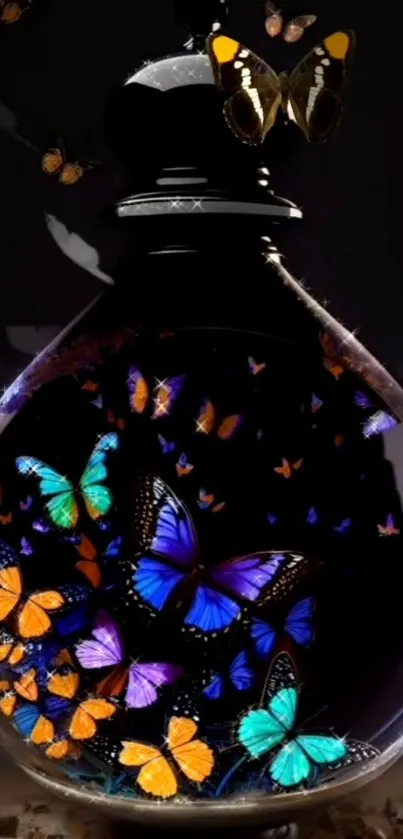 Colorful butterflies in a glass globe on a dark background.